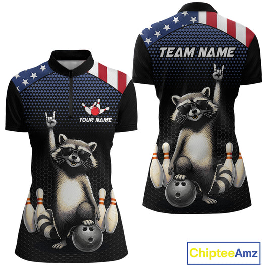 Custom American Flag Bowling Shirt Funny Raccoon Bowling League Jersey for Women Polo & 1/4-Zip QZT1220