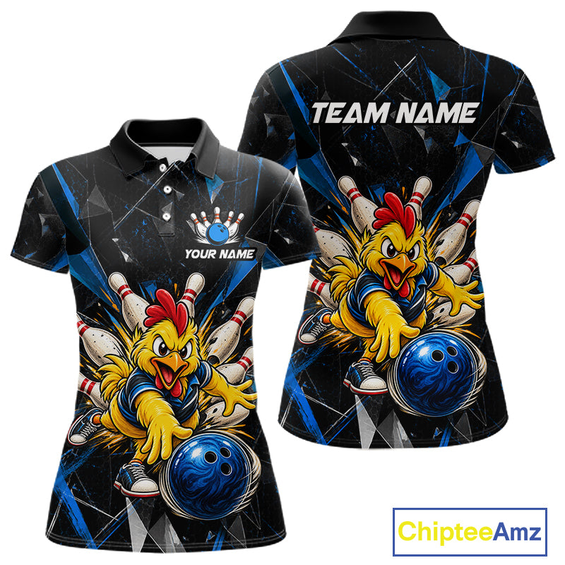 Custom Blue Funny Chicken Bowling Team Shirt for Women Break Glass Bowling Jersey QZT1289