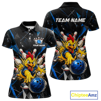 Custom Blue Funny Chicken Bowling Team Shirt for Women Break Glass Bowling Jersey QZT1289