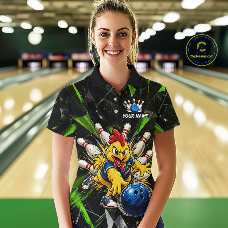 Custom Green Funny Chicken Bowling Team Shirt for Women Break Glass Bowling Jersey QZT1289