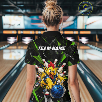 Custom Green Funny Chicken Bowling Team Shirt for Women Break Glass Bowling Jersey QZT1289