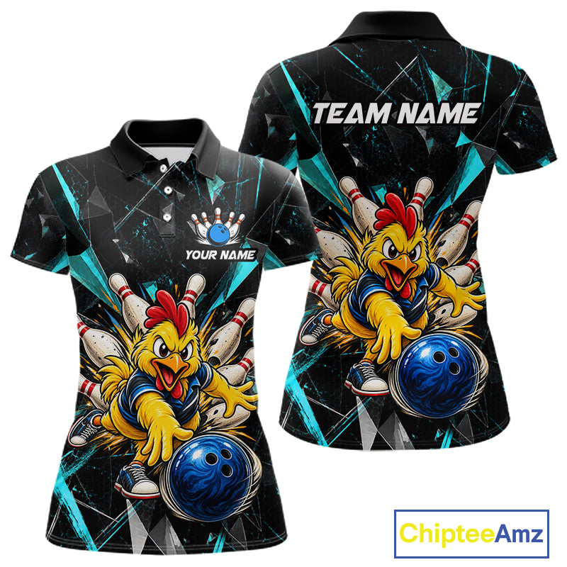 Custom Turquoise Funny Chicken Bowling Team Shirt for Women Break Glass Bowling Jersey QZT1289