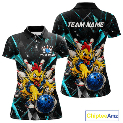 Custom Turquoise Funny Chicken Bowling Team Shirt for Women Break Glass Bowling Jersey QZT1289