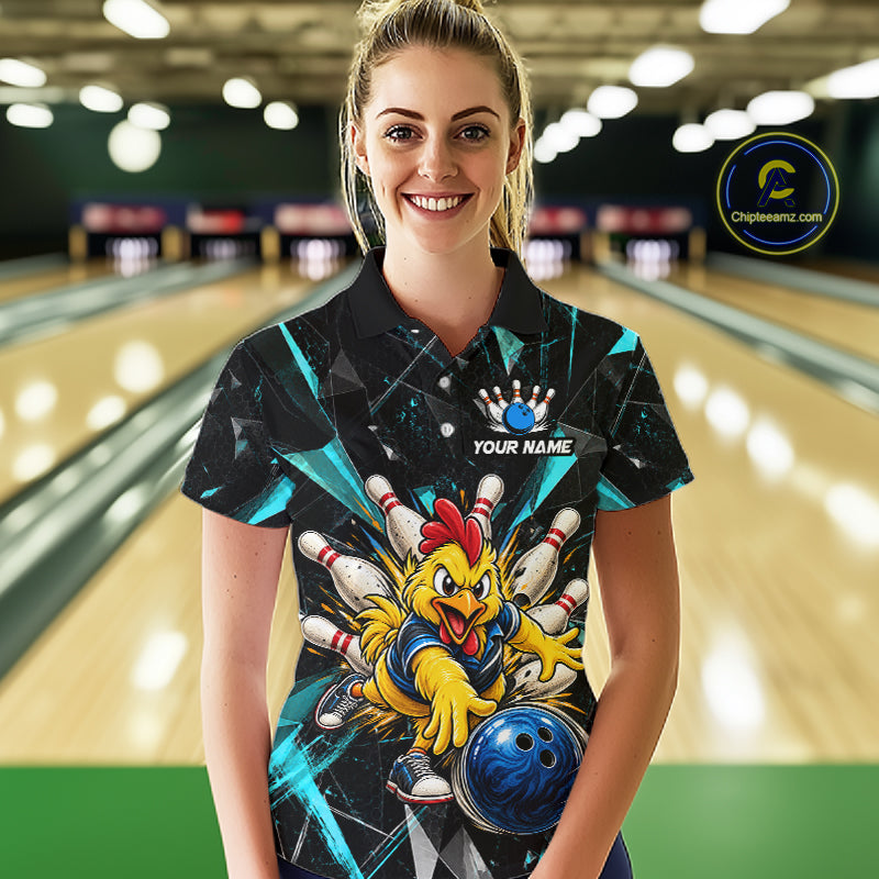 Custom Turquoise Funny Chicken Bowling Team Shirt for Women Break Glass Bowling Jersey QZT1289