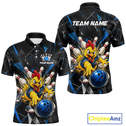 Custom Blue Funny Chicken Bowling Team Shirt for Men Break Glass Bowling Jersey QZT1289