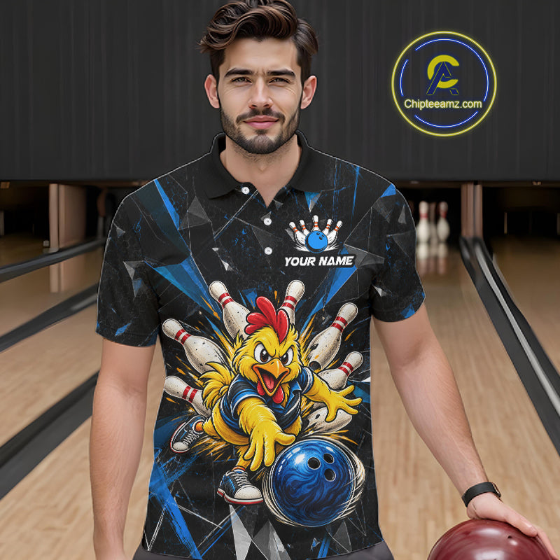 Custom Blue Funny Chicken Bowling Team Shirt for Men Break Glass Bowling Jersey QZT1289