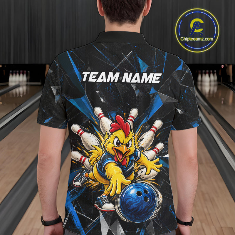 Custom Blue Funny Chicken Bowling Team Shirt for Men Break Glass Bowling Jersey QZT1289