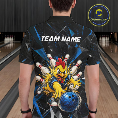 Custom Blue Funny Chicken Bowling Team Shirt for Men Break Glass Bowling Jersey QZT1289