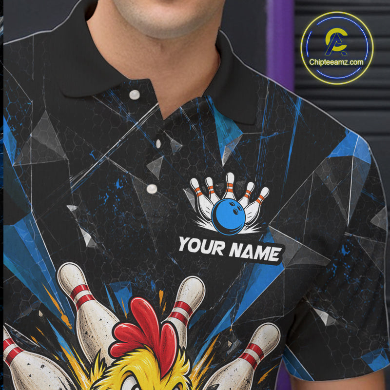 Custom Blue Funny Chicken Bowling Team Shirt for Men Break Glass Bowling Jersey QZT1289