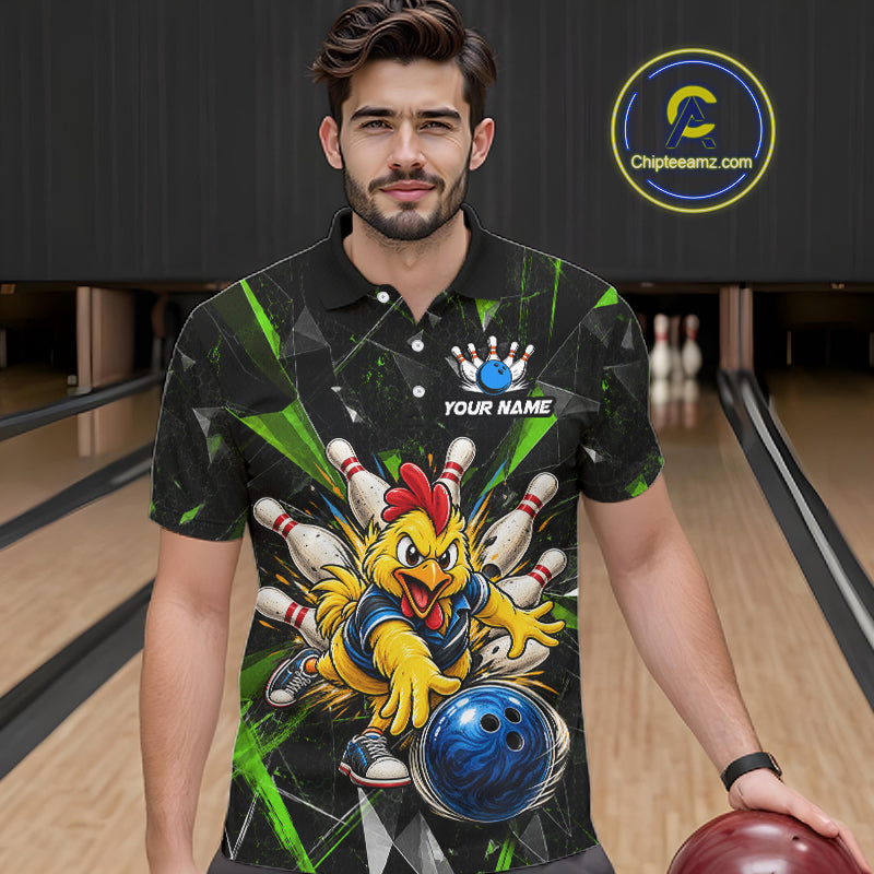 Custom Green Funny Chicken Bowling Team Shirt for Men Break Glass Bowling Jersey QZT1289
