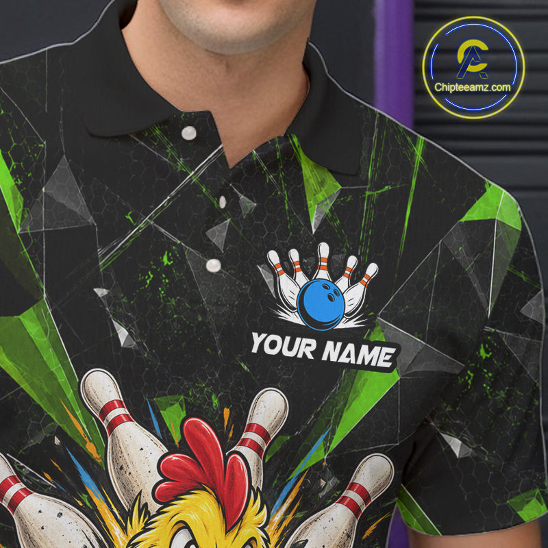 Custom Green Funny Chicken Bowling Team Shirt for Men Break Glass Bowling Jersey QZT1289