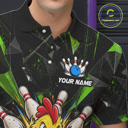 Custom Green Funny Chicken Bowling Team Shirt for Men Break Glass Bowling Jersey QZT1289