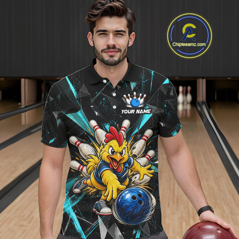 Custom Turquoise Funny Chicken Bowling Team Shirt for Men Break Glass Bowling Jersey QZT1289