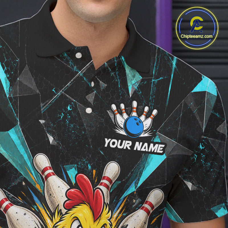 Custom Turquoise Funny Chicken Bowling Team Shirt for Men Break Glass Bowling Jersey QZT1289