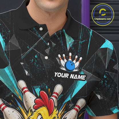 Custom Turquoise Funny Chicken Bowling Team Shirt for Men Break Glass Bowling Jersey QZT1289