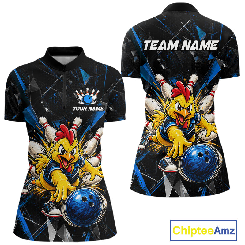 Custom Blue Funny Chicken Bowling Team Shirt for Women Break Glass Bowling Jersey QZT1289