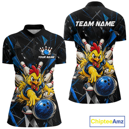 Custom Blue Funny Chicken Bowling Team Shirt for Women Break Glass Bowling Jersey QZT1289