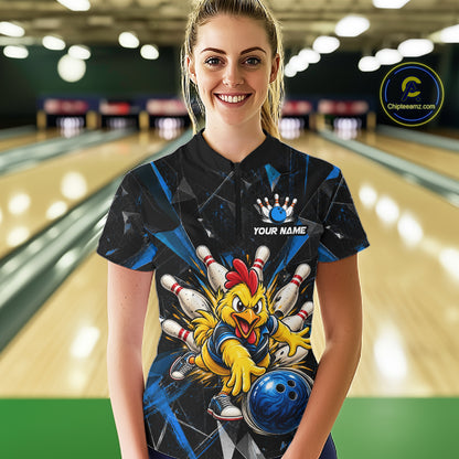 Custom Blue Funny Chicken Bowling Team Shirt for Women Break Glass Bowling Jersey QZT1289