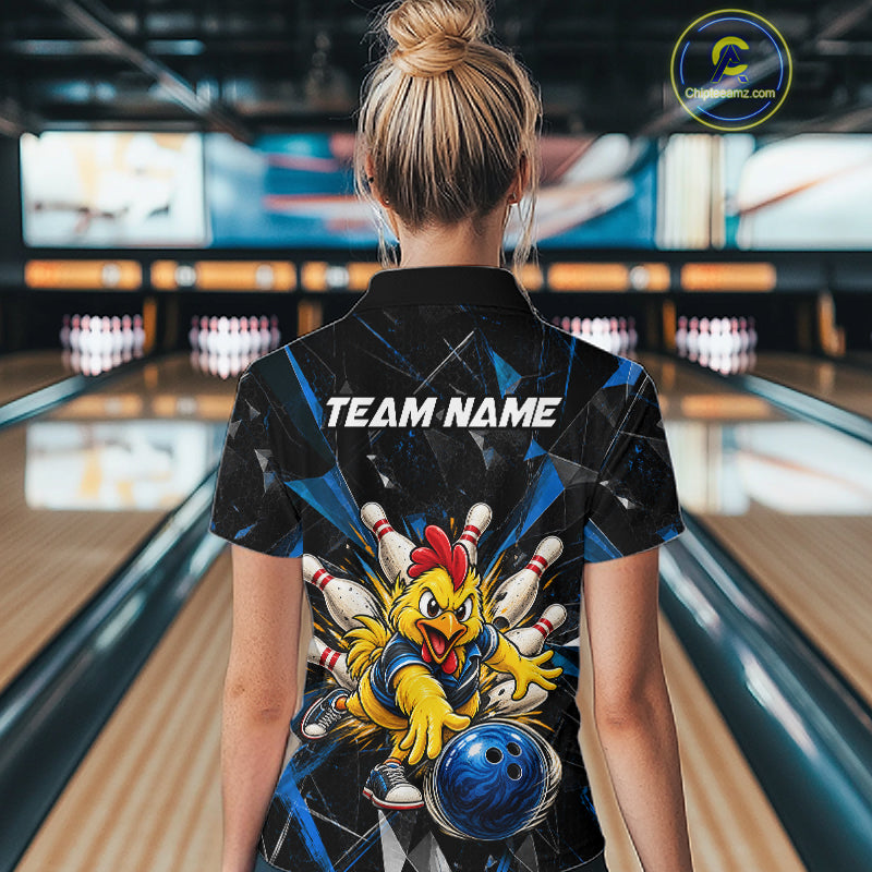 Custom Blue Funny Chicken Bowling Team Shirt for Women Break Glass Bowling Jersey QZT1289
