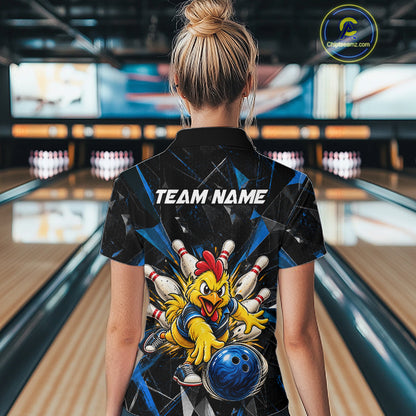 Custom Blue Funny Chicken Bowling Team Shirt for Women Break Glass Bowling Jersey QZT1289