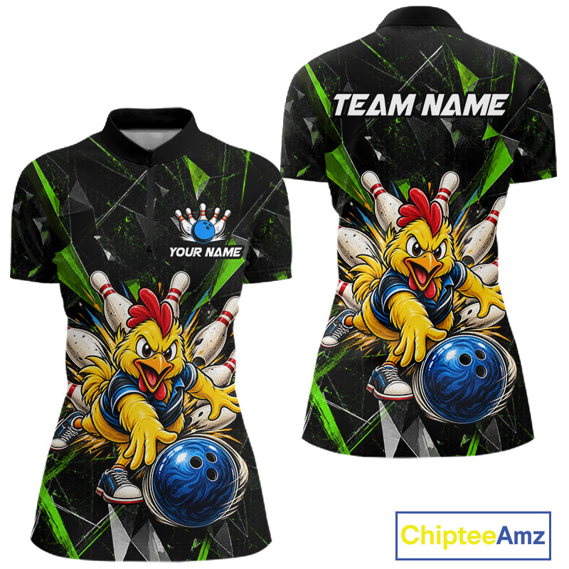 Custom Green Funny Chicken Bowling Team Shirt for Women Break Glass Bowling Jersey QZT1289