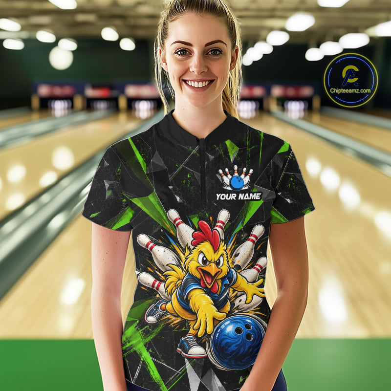 Custom Green Funny Chicken Bowling Team Shirt for Women Break Glass Bowling Jersey QZT1289