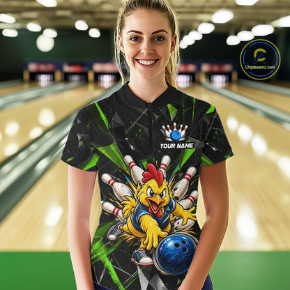 Custom Green Funny Chicken Bowling Team Shirt for Women Break Glass Bowling Jersey QZT1289