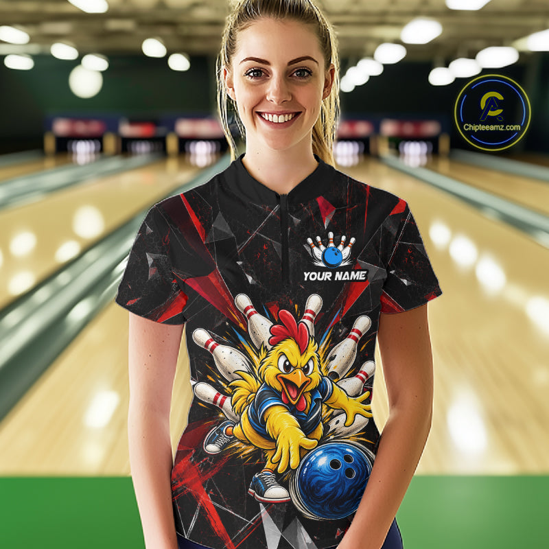 Custom Red Funny Chicken Bowling Team Shirt for Women Break Glass Bowling Jersey QZT1289