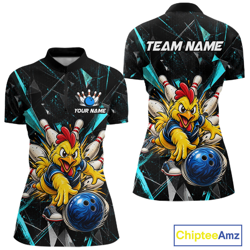 Custom Turquoise Funny Chicken Bowling Team Shirt for Women Break Glass Bowling Jersey QZT1289