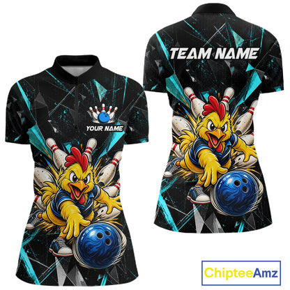 Custom Turquoise Funny Chicken Bowling Team Shirt for Women Break Glass Bowling Jersey QZT1289