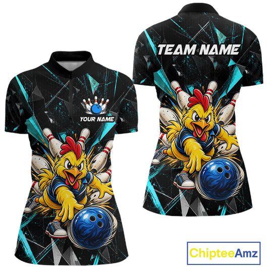 Custom Turquoise Funny Chicken Bowling Team Shirt for Women Break Glass Bowling Jersey QZT1289