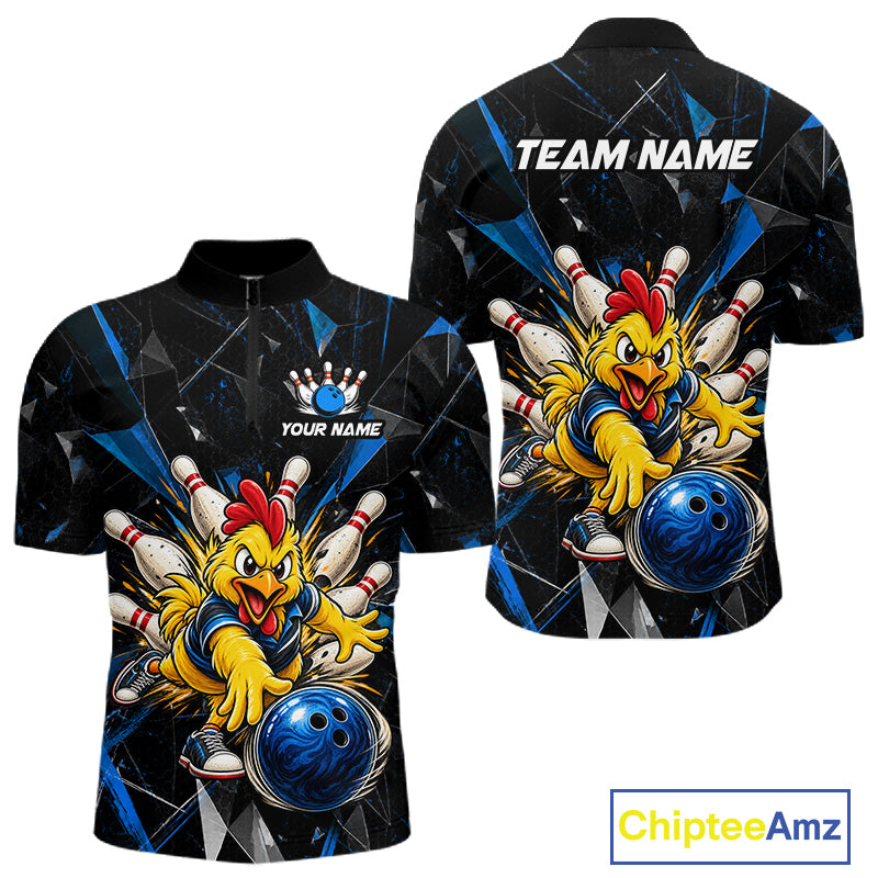 Custom Blue Funny Chicken Bowling Team Shirt for Men Break Glass Bowling Jersey QZT1289