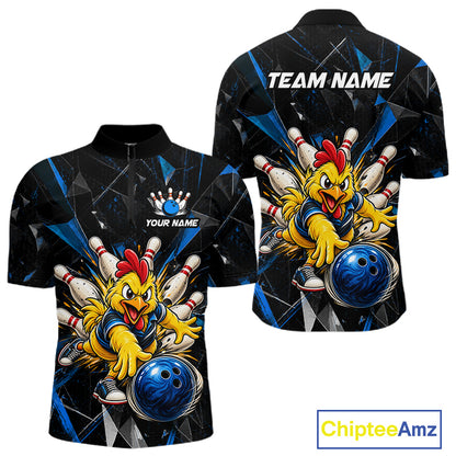 Custom Blue Funny Chicken Bowling Team Shirt for Men Break Glass Bowling Jersey QZT1289