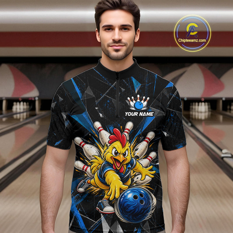 Custom Blue Funny Chicken Bowling Team Shirt for Men Break Glass Bowling Jersey QZT1289