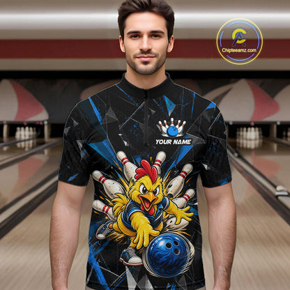 Custom Blue Funny Chicken Bowling Team Shirt for Men Break Glass Bowling Jersey QZT1289