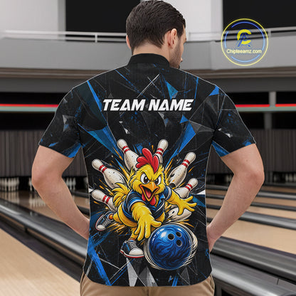 Custom Blue Funny Chicken Bowling Team Shirt for Men Break Glass Bowling Jersey QZT1289
