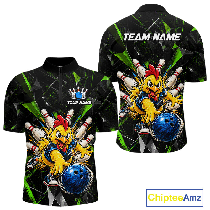 Custom Green Funny Chicken Bowling Team Shirt for Men Break Glass Bowling Jersey QZT1289