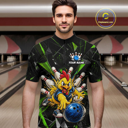 Custom Green Funny Chicken Bowling Team Shirt for Men Break Glass Bowling Jersey QZT1289
