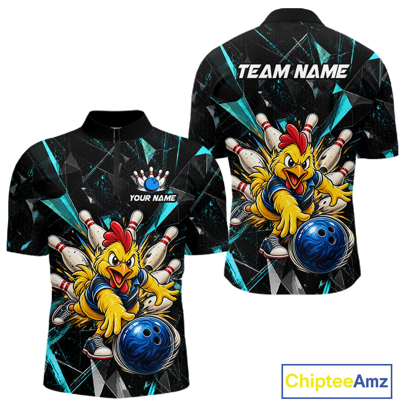 Custom Turquoise Funny Chicken Bowling Team Shirt for Men Break Glass Bowling Jersey QZT1289