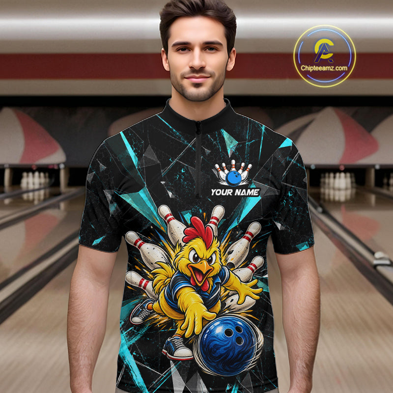 Custom Turquoise Funny Chicken Bowling Team Shirt for Men Break Glass Bowling Jersey QZT1289