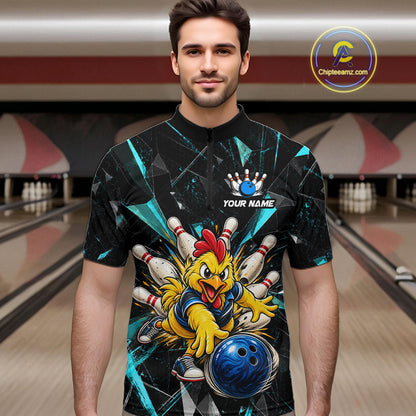 Custom Turquoise Funny Chicken Bowling Team Shirt for Men Break Glass Bowling Jersey QZT1289