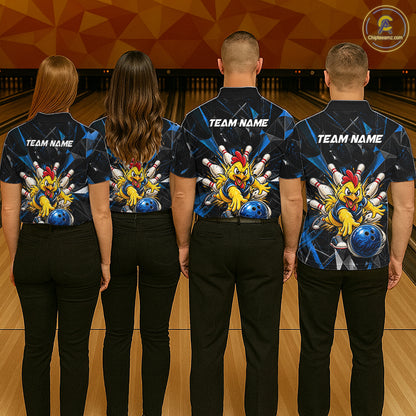 Custom Blue Funny Chicken Bowling Team Shirt for Men Break Glass Bowling Jersey QZT1289