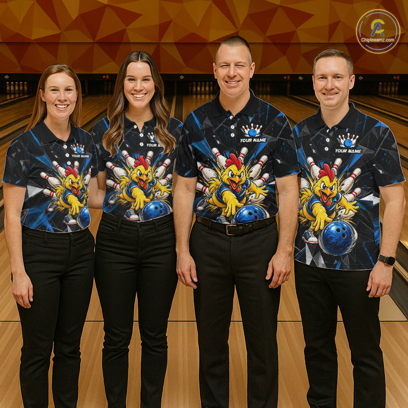 Custom Blue Funny Chicken Bowling Team Shirt for Men Break Glass Bowling Jersey QZT1289