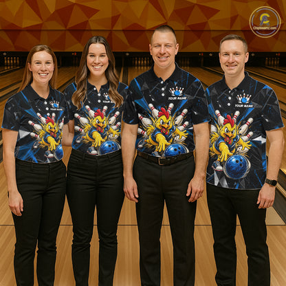 Custom Blue Funny Chicken Bowling Team Shirt for Men Break Glass Bowling Jersey QZT1289