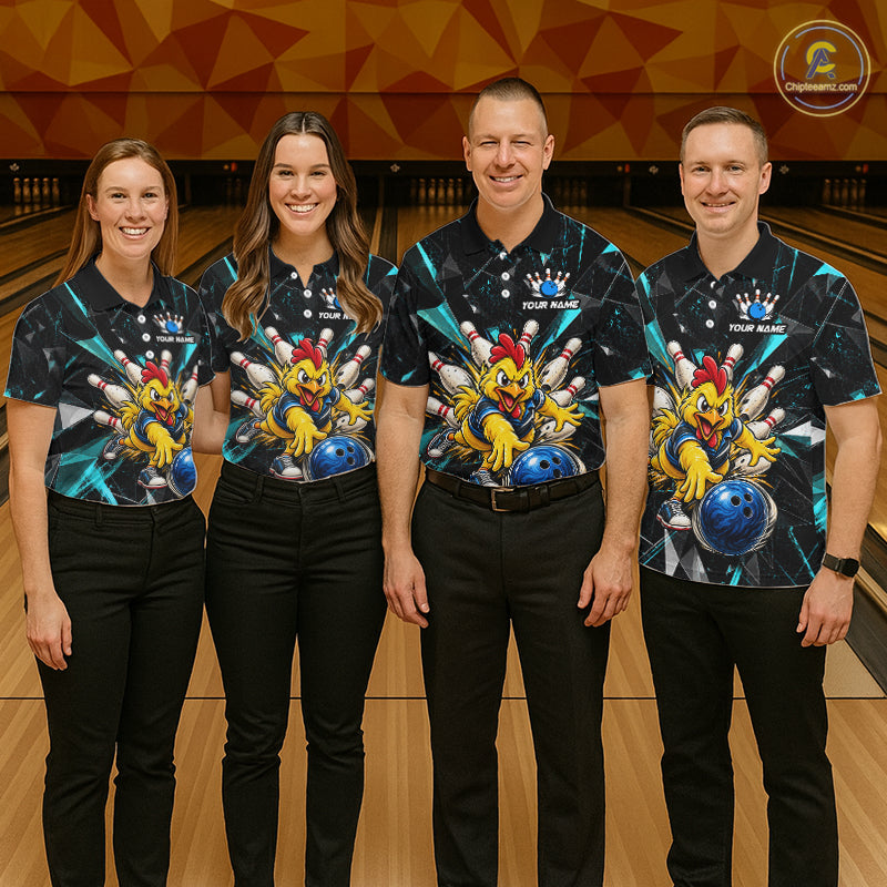 Custom Turquoise Funny Chicken Bowling Team Shirt for Men Break Glass Bowling Jersey QZT1289