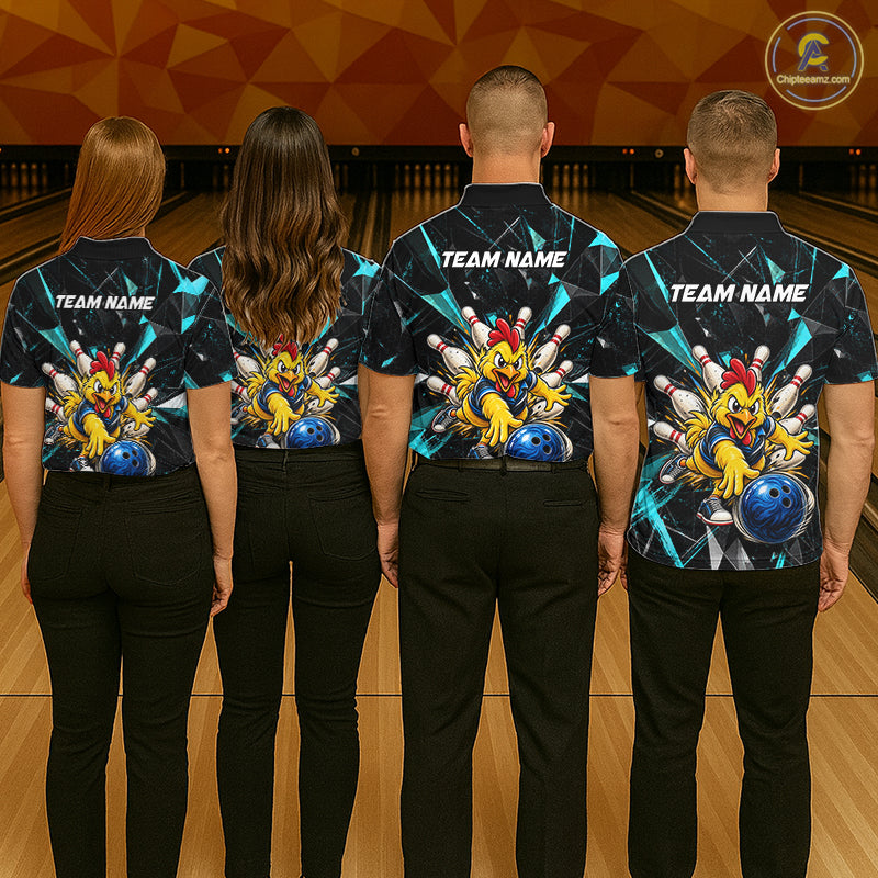 Custom Turquoise Funny Chicken Bowling Team Shirt for Men Break Glass Bowling Jersey QZT1289