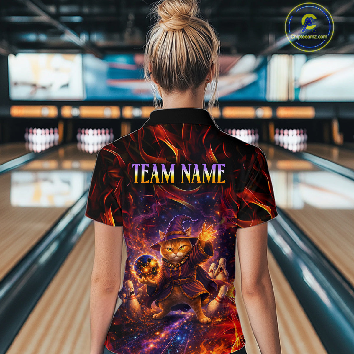 Custom Funny Cat Wizard Bowling Shirts for Women Flame Bowling Jersey for Team Bowling Outfit QZT921
