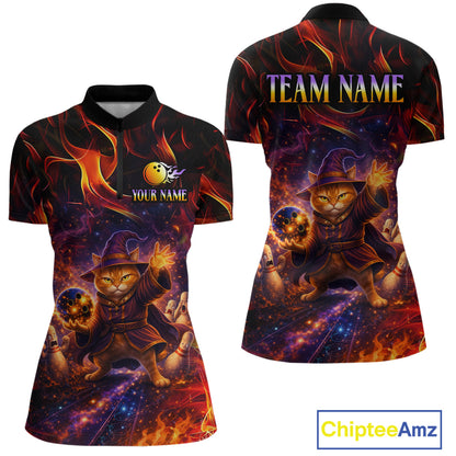 Custom Funny Cat Wizard Bowling Shirts for Women Flame Bowling Jersey for Team Bowling Outfit QZT921
