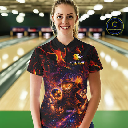 Custom Funny Cat Wizard Bowling Shirts for Women Flame Bowling Jersey for Team Bowling Outfit QZT921