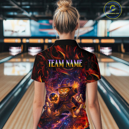 Custom Funny Cat Wizard Bowling Shirts for Women Flame Bowling Jersey for Team Bowling Outfit QZT921